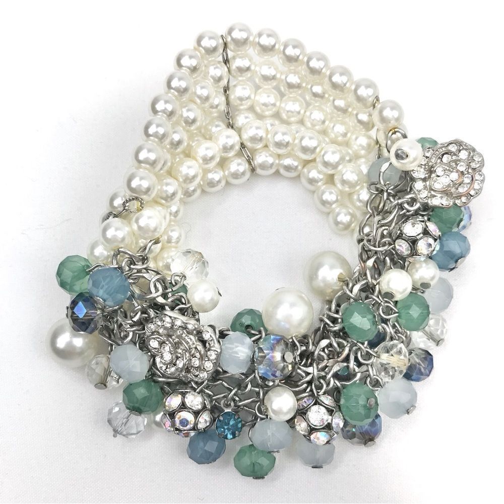 Blue Bead Rhinestone White Pearl Multi Strand Dangle Stretch Bracelet